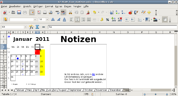 Jahreskalender 12 Blatt mit Notizen