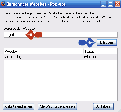 Berechtigte Websites eintragen