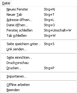 Tastenkürzel im Menü Datei