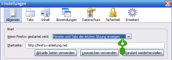 Zuletzt geöffnete Webseiten wiederherstellen