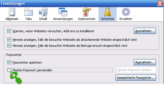 Master-Passwort unter Einstellungen